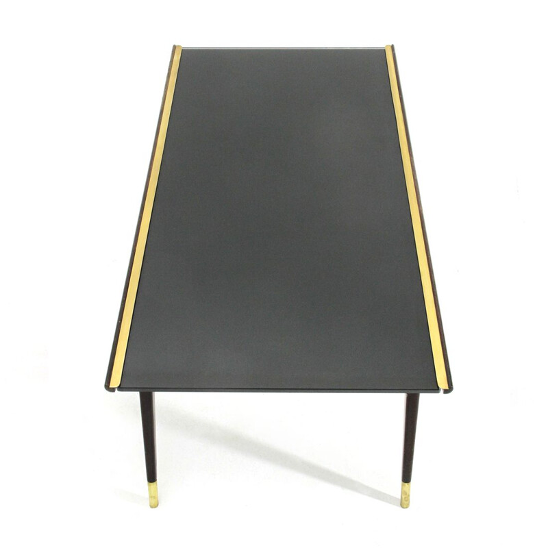 Vintage Ebonized wood, brass and black glass coffee table, 1940s