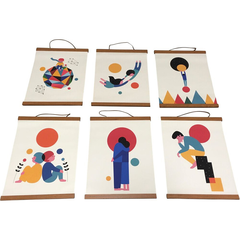 Set of 6 leather and teak canvas posters Scandinavian Design