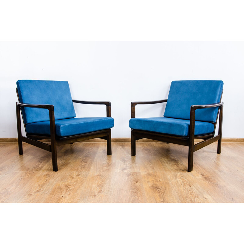 Pair of B-7752 blue armchairs by Zenon Bączyk, 1960s