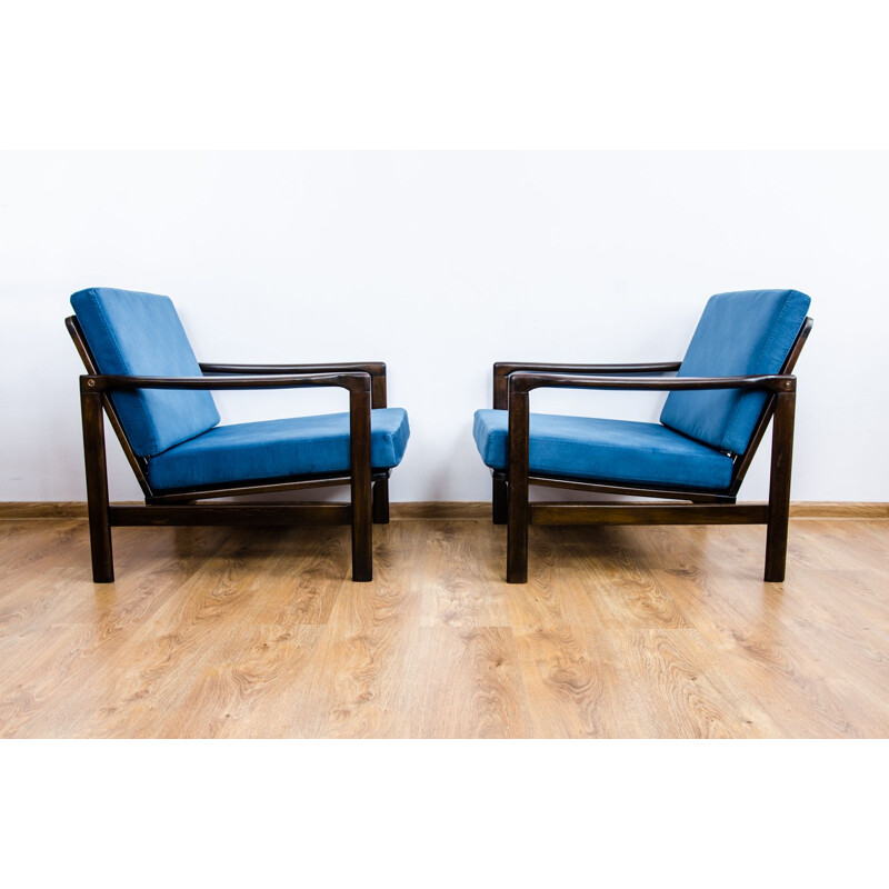 Pair of B-7752 blue armchairs by Zenon Bączyk, 1960s