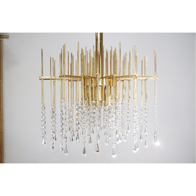 Lustre vintage en laiton et crystal, Hollywood Regency, 1960