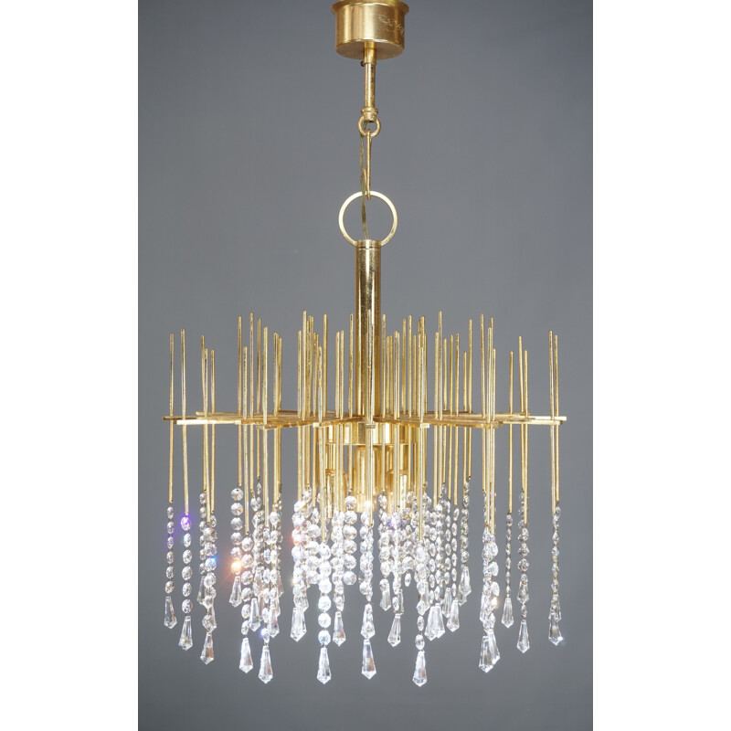 Lustre vintage en laiton et crystal, Hollywood Regency, 1960