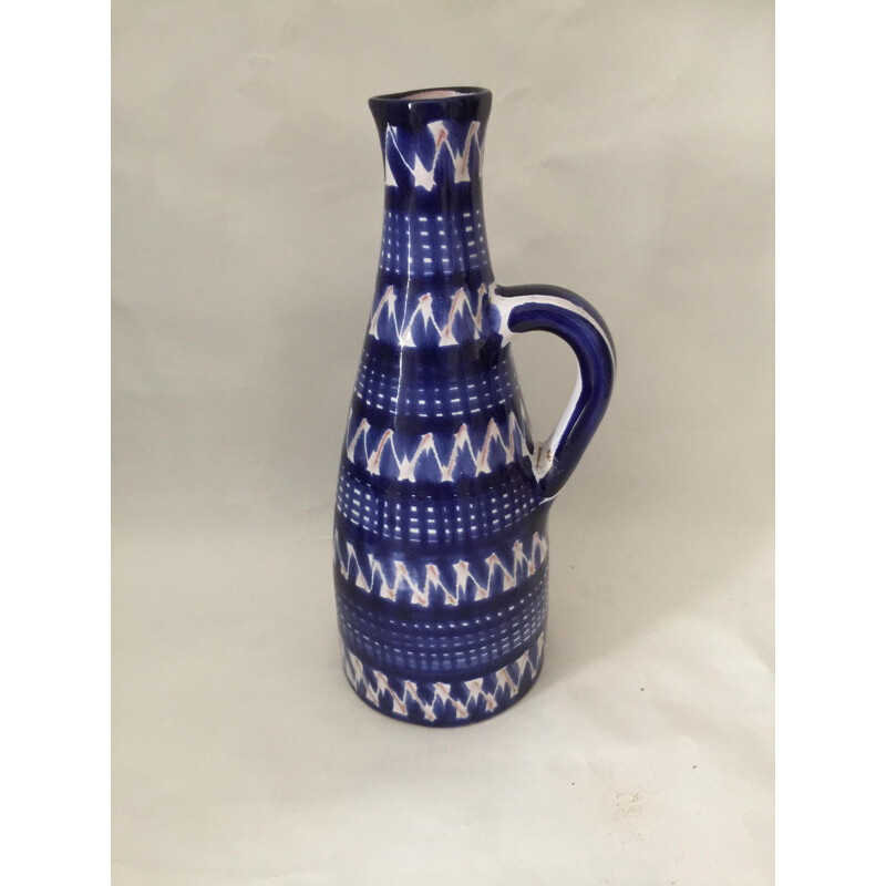 Vase vintage en faïence émaillée bleue par Robert Picault