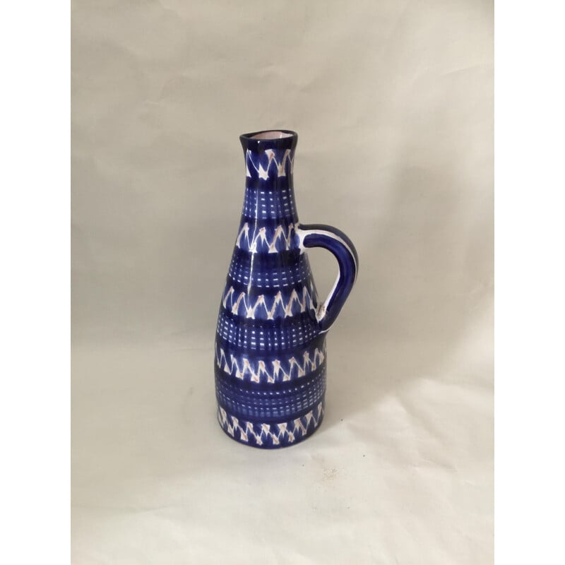 Vase vintage en faïence émaillée bleue par Robert Picault