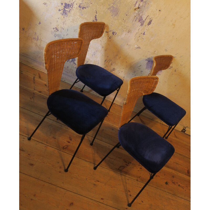 Set of 4 vintage Italian rattan, black metal and blue velvet dining chairs, 1950s