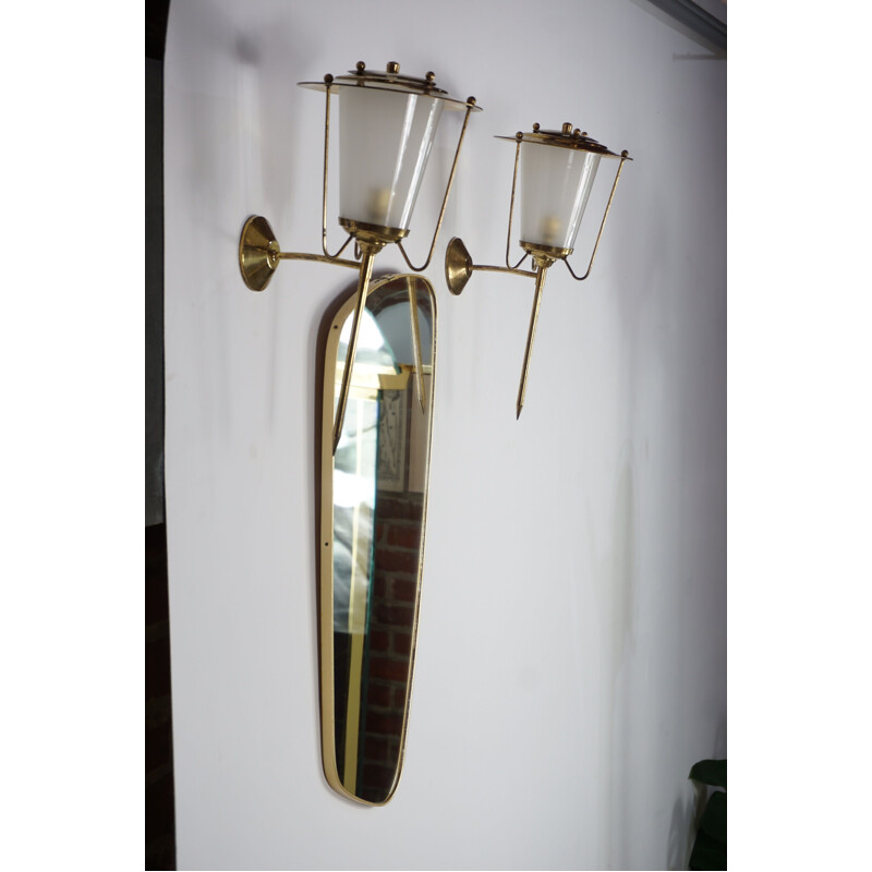 Pair of vintage French brass and glass sconces