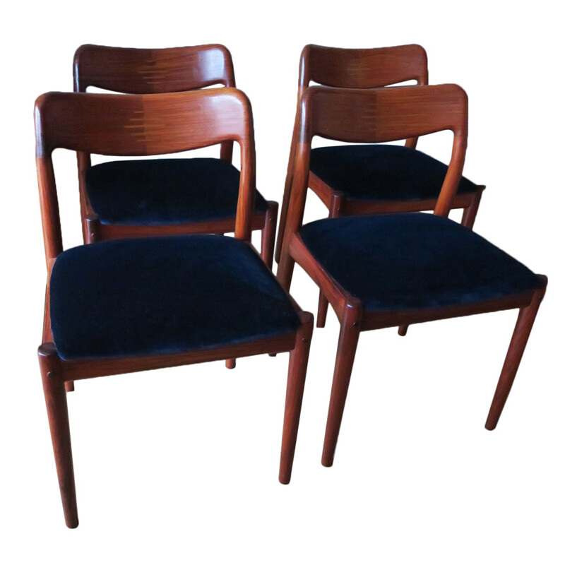 Set of 4 vintage Danish rosewood and blue velvet dining chairs, 1960