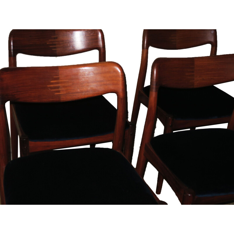 Set of 4 vintage Danish rosewood and blue velvet dining chairs, 1960