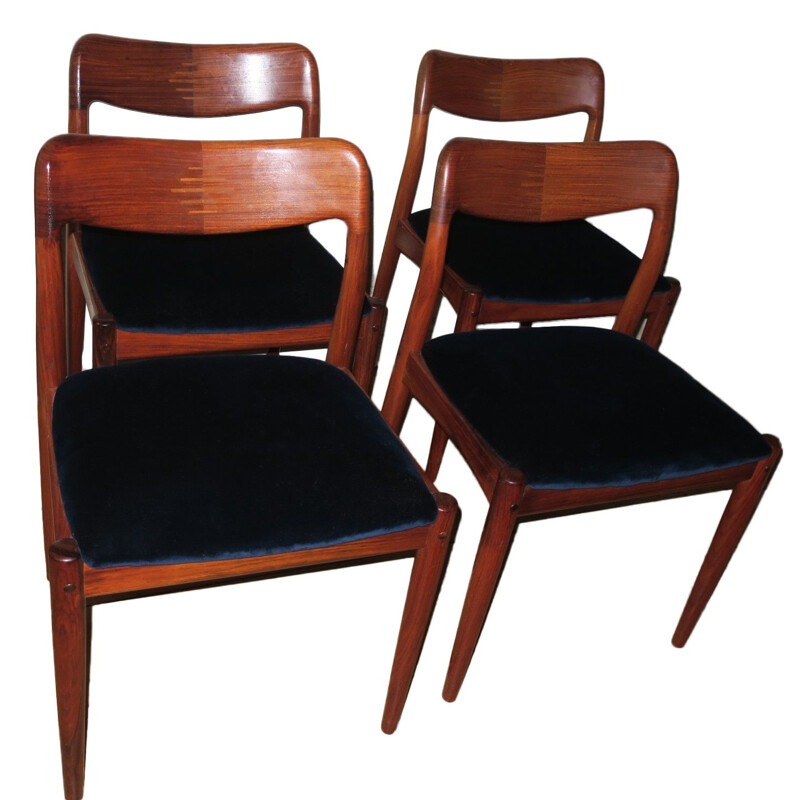Ensemble de 4 chaises à repas danoises vintage en palissandre et velours bleu, 1960