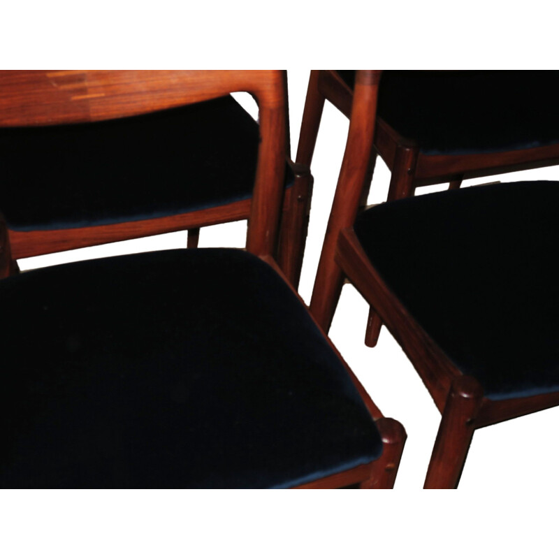 Set of 4 vintage Danish rosewood and blue velvet dining chairs, 1960