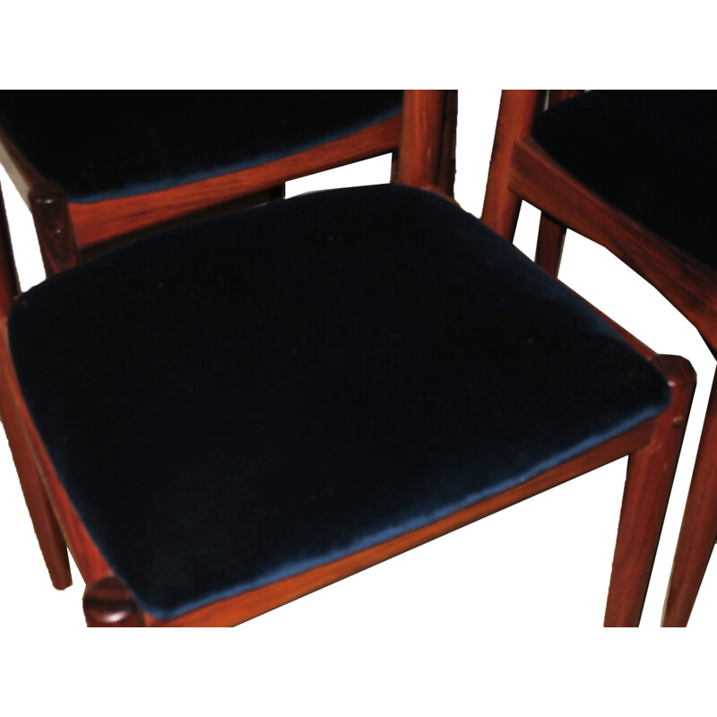 Set of 4 vintage Danish rosewood and blue velvet dining chairs, 1960