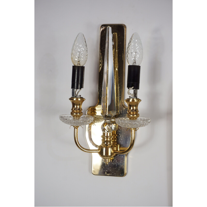 Pairs of vintage brass and crystal sconces by Val Saint Lambert