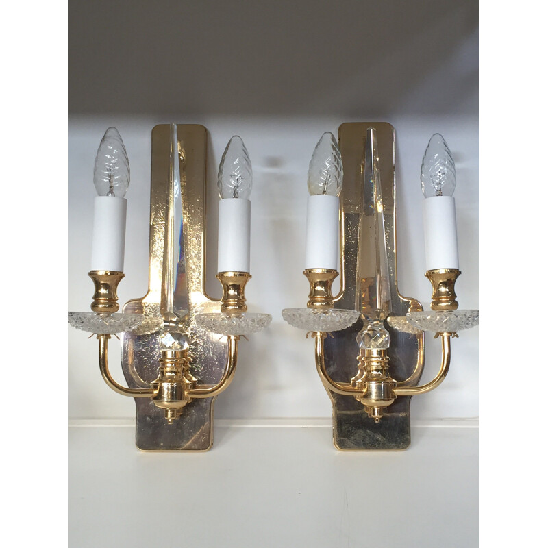 Pairs of vintage brass and crystal sconces by Val Saint Lambert