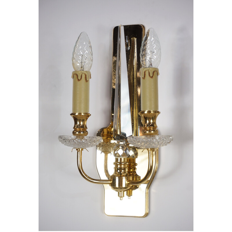 Pairs of vintage brass and crystal sconces by Val Saint Lambert