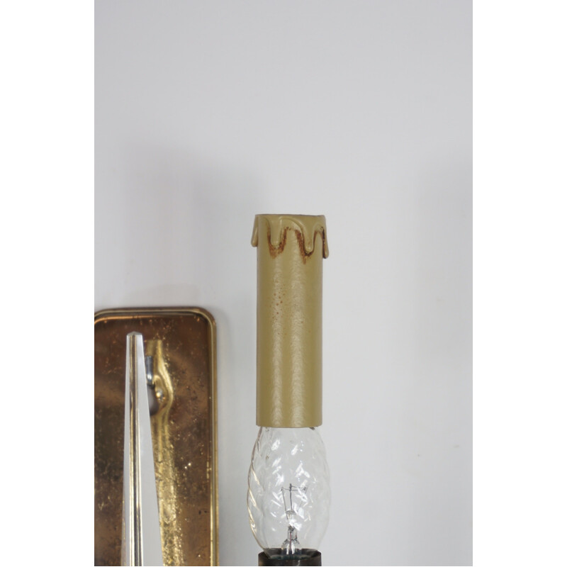 Pairs of vintage brass and crystal sconces by Val Saint Lambert