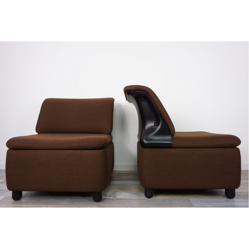 Suite of 2 vintage tweed and plastic low chairs