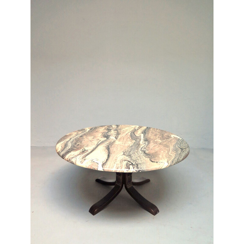 Vintage coffee table marble top and rosewood base 1970