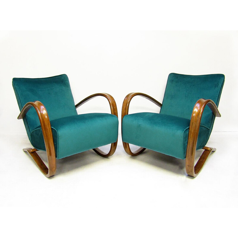 Pair of vintage "H269" Lounge Chairs In Blue Velvet By Jindrich Halabala