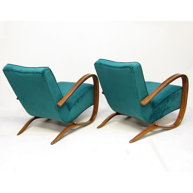 Paar "H269" vintage lounge stoelen in blauw fluweel van Jindrich Halabala