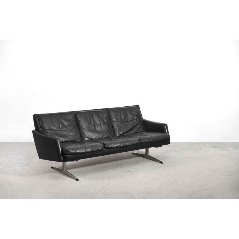 Vintage Modern Black Leather Scandinavian Sofa, 1960