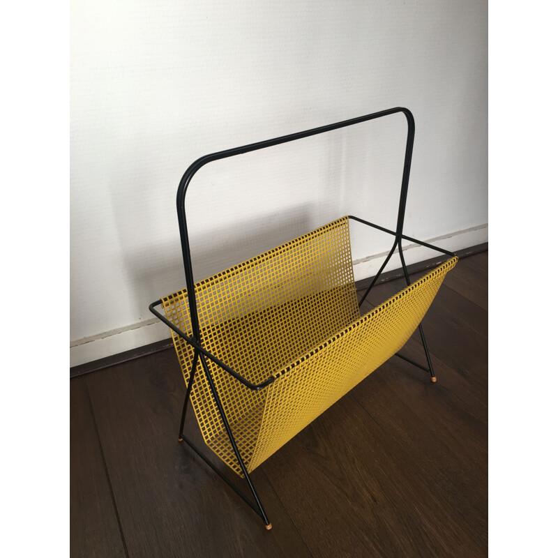 Vintage Dutch Yellow and Black Perforated Steel Magazine Rack by Mathieu Matégot, 1950