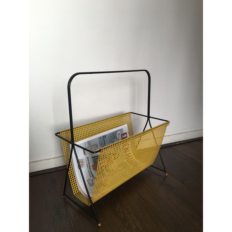 Vintage Dutch Yellow and Black Perforated Steel Magazine Rack by Mathieu Matégot, 1950