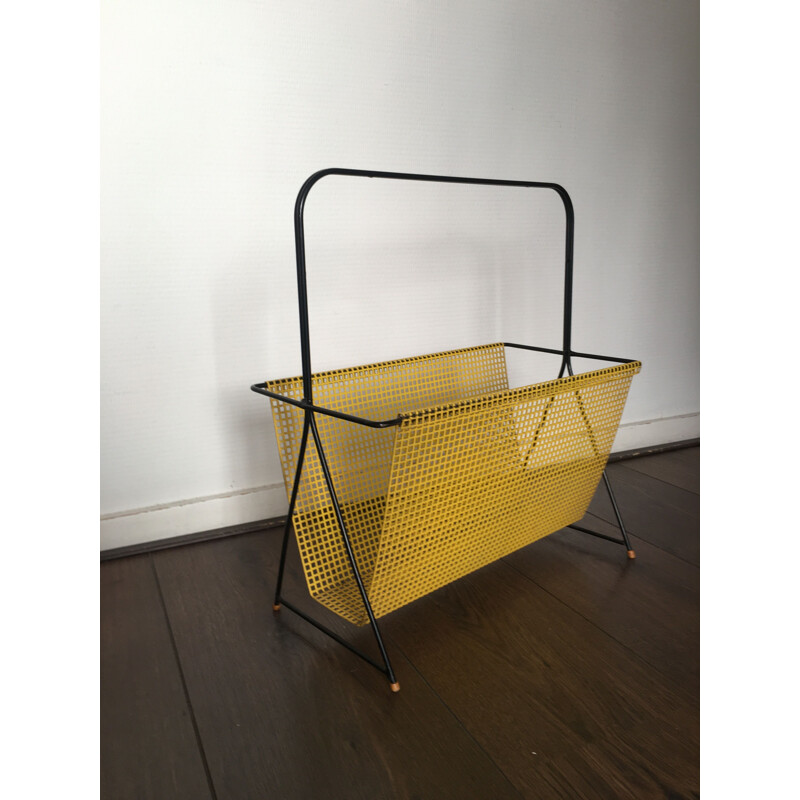 Vintage Dutch Yellow and Black Perforated Steel Magazine Rack by Mathieu Matégot, 1950