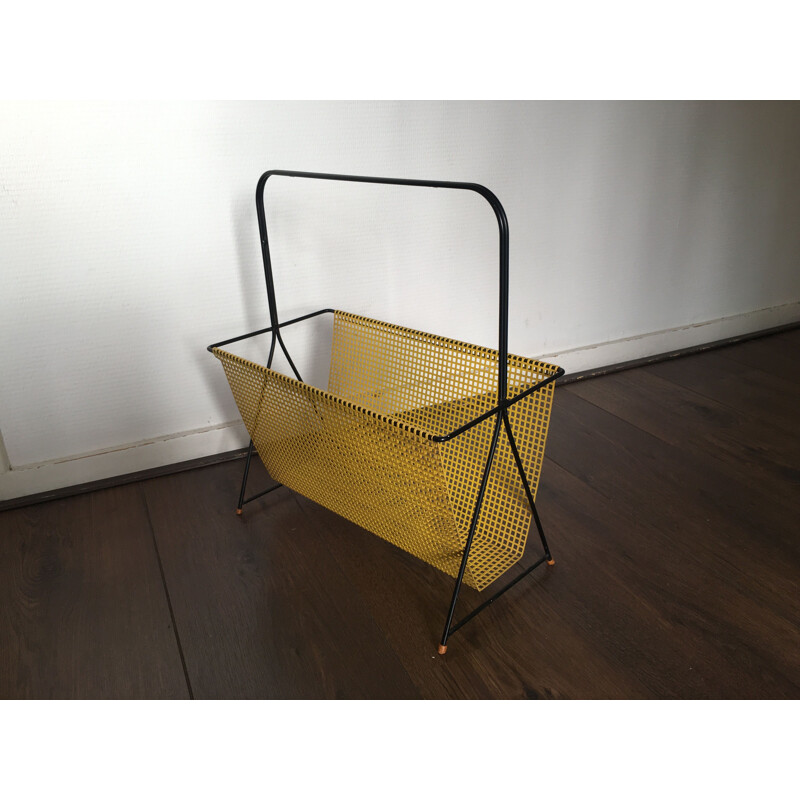 Vintage Dutch Yellow and Black Perforated Steel Magazine Rack by Mathieu Matégot, 1950