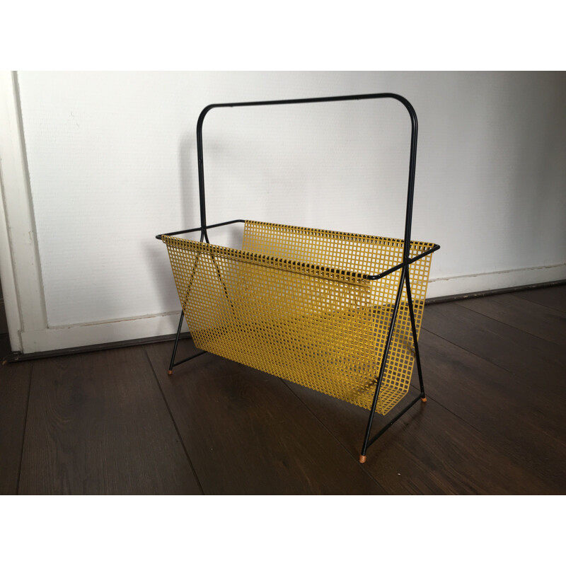 Vintage Dutch Yellow and Black Perforated Steel Magazine Rack by Mathieu Matégot, 1950