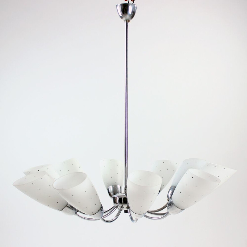 Vintage 10 arms chrome chandelier, Czechoslovakia 1960