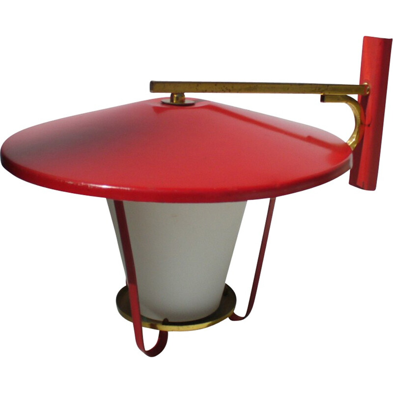 Stilnovo red lacquered, glass and brass wall light - 1950s