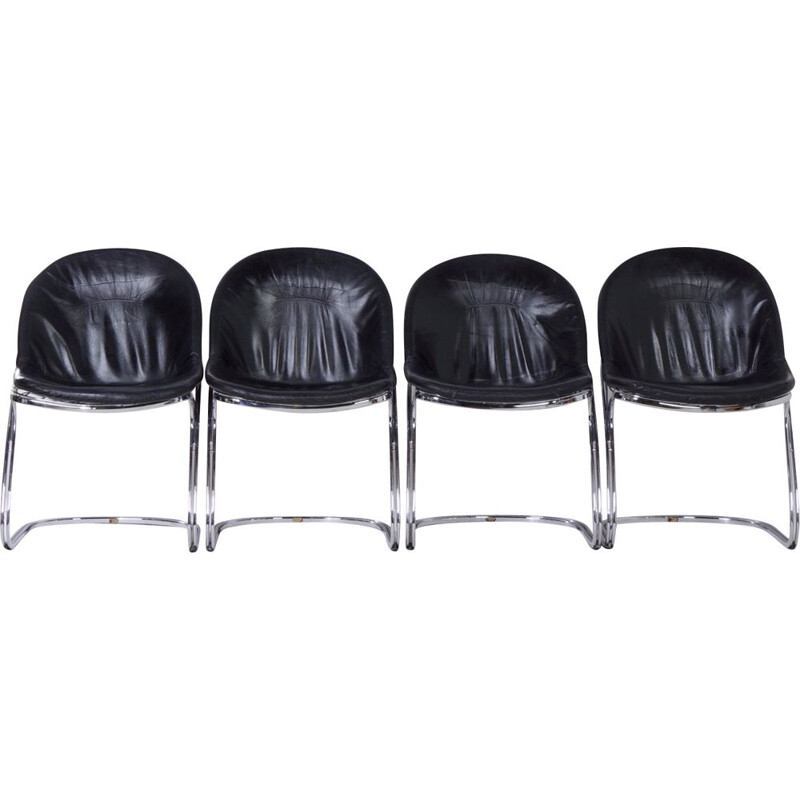 Set of 4 Vintage Dining Chairs in Black Leather, 1970s