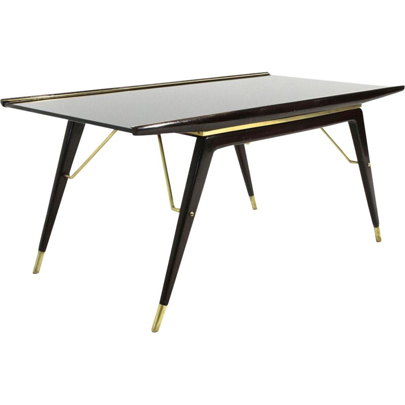 Vintage Ebonized wood, brass and black glass coffee table, 1940s