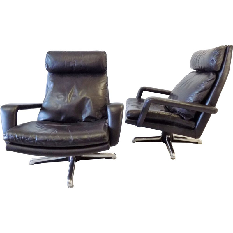 Ensemble de 2 fauteuils vintage en cuir noir de Hans Kaufeld 