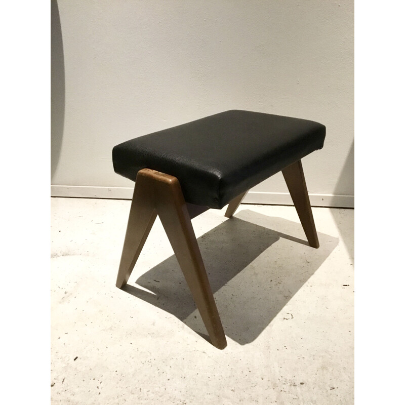 Vintage foot stool in black leatheret 1960 
