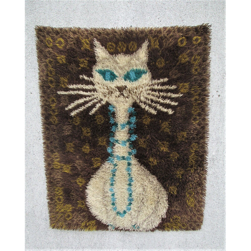 Alfombra de pared Vintage Kilim Rya Cat de Egerich, Dinamarca 1960