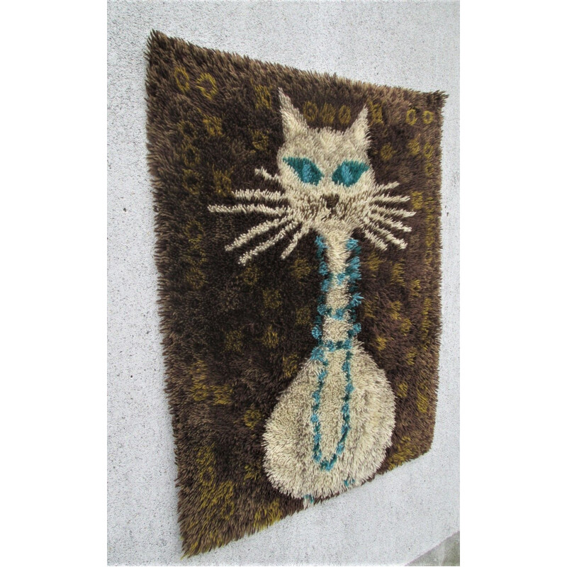 Alfombra de pared Vintage Kilim Rya Cat de Egerich, Dinamarca 1960