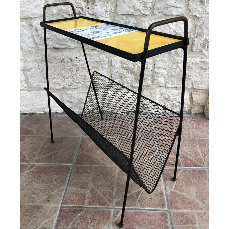 Vintage side table with metal magazine rack, 1960