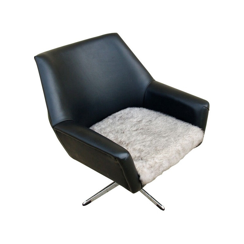 Vintage black and fur leatherette armchair - 1960s