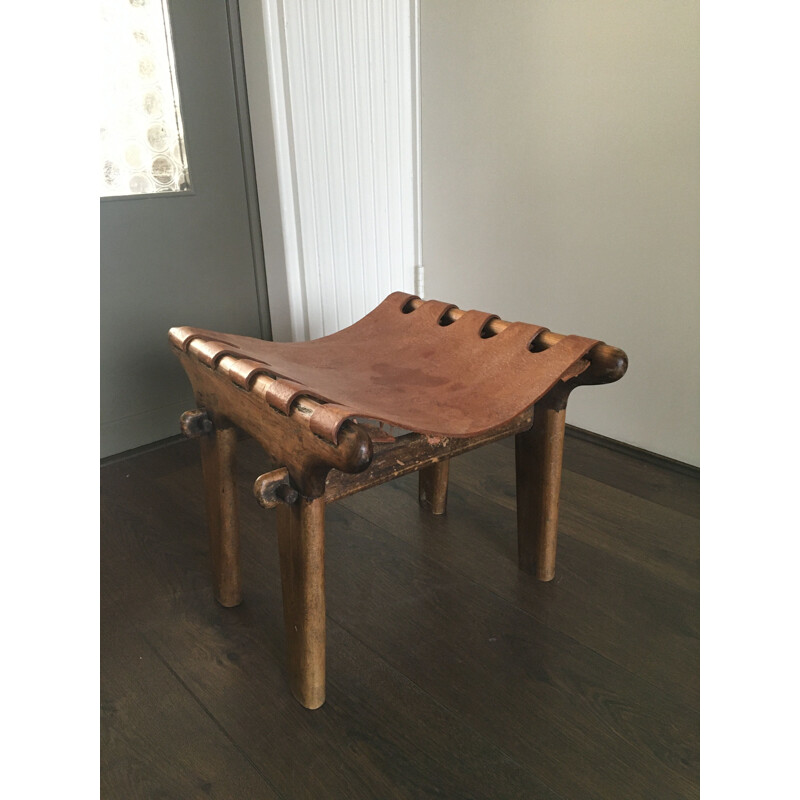 Vintage rustic Ecuadorian leather sling footstool by Angel I. Pazmino, 1960s