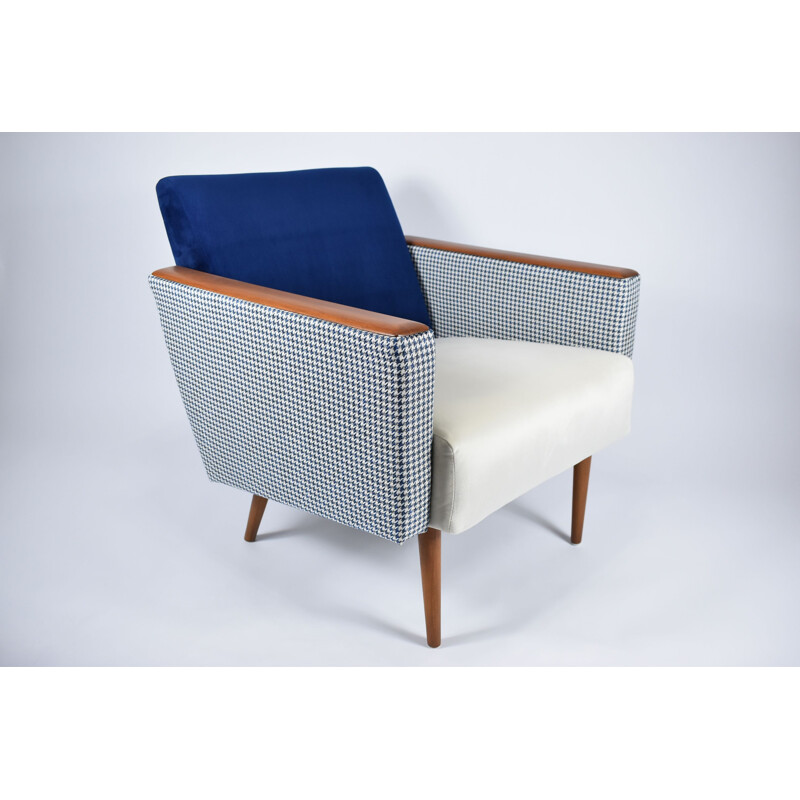 Vintage armchair with pied de poule fabric in beige-blue velvet 1960s