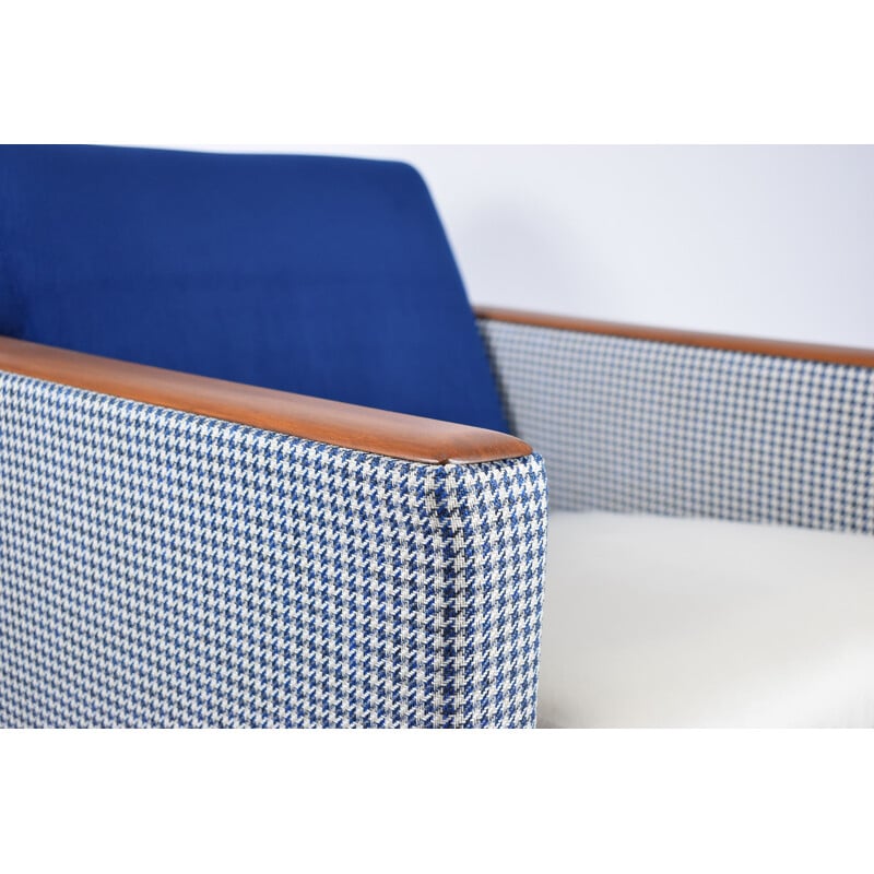 Vintage fauteuil met houndstooth stof in blauw-beige fluweel 1960