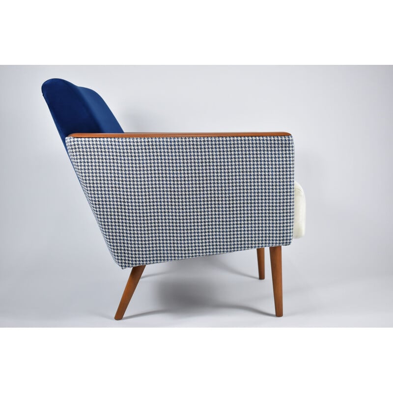 Vintage fauteuil met houndstooth stof in blauw-beige fluweel 1960