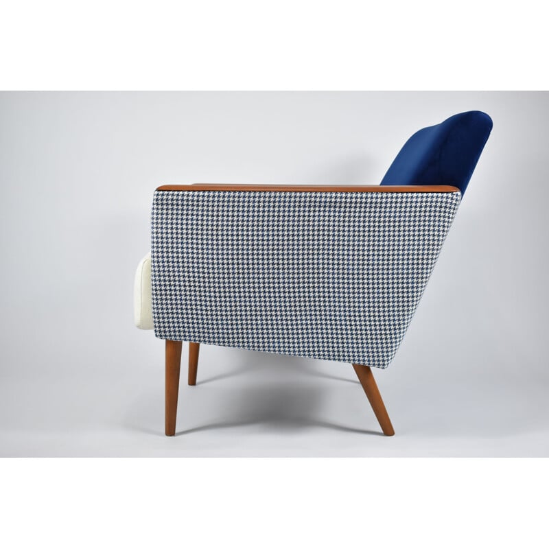 Vintage fauteuil met houndstooth stof in blauw-beige fluweel 1960