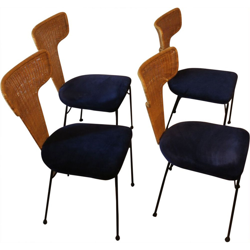 Set of 4 vintage Italian rattan, black metal and blue velvet dining chairs, 1950s