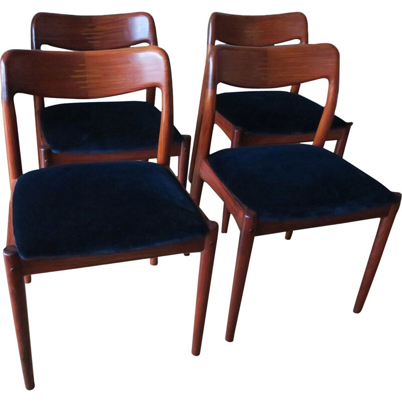 Ensemble de 4 chaises à repas danoises vintage en palissandre et velours bleu, 1960