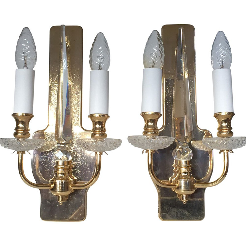 Pairs of vintage brass and crystal sconces by Val Saint Lambert