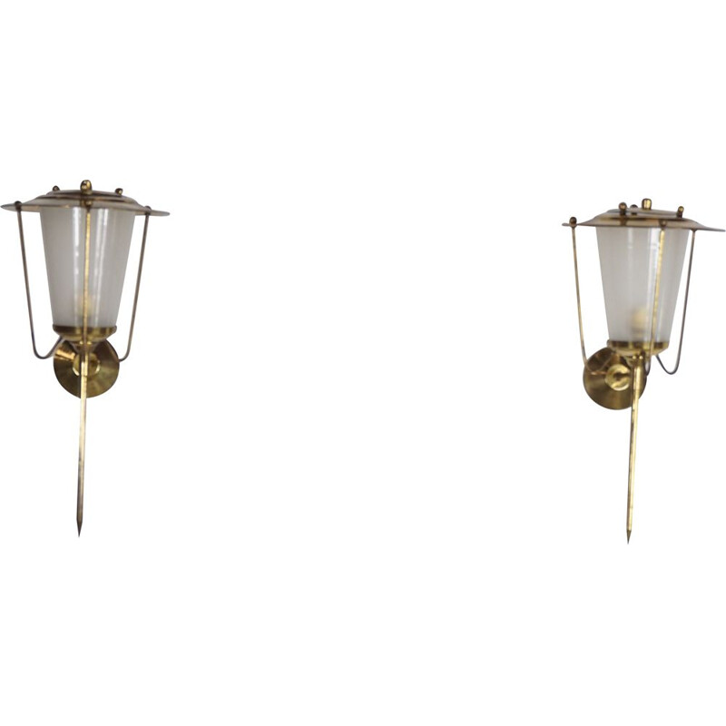 Pair of vintage French brass and glass sconces
