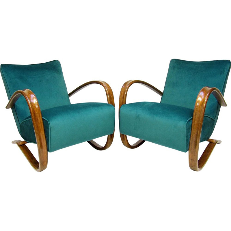 Paar "H269" vintage lounge stoelen in blauw fluweel van Jindrich Halabala