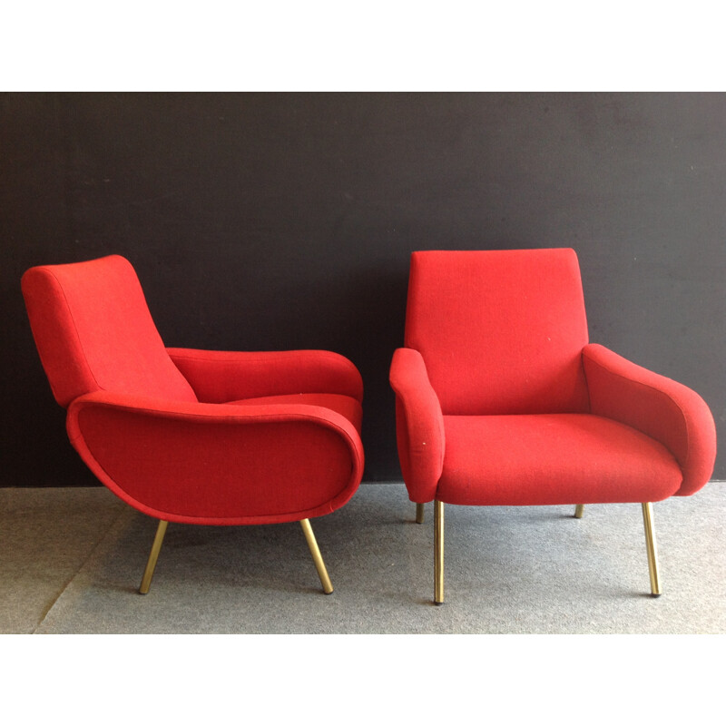 Set of 2 Baby red lounge chairs, Marco ZANUSO - 1950s